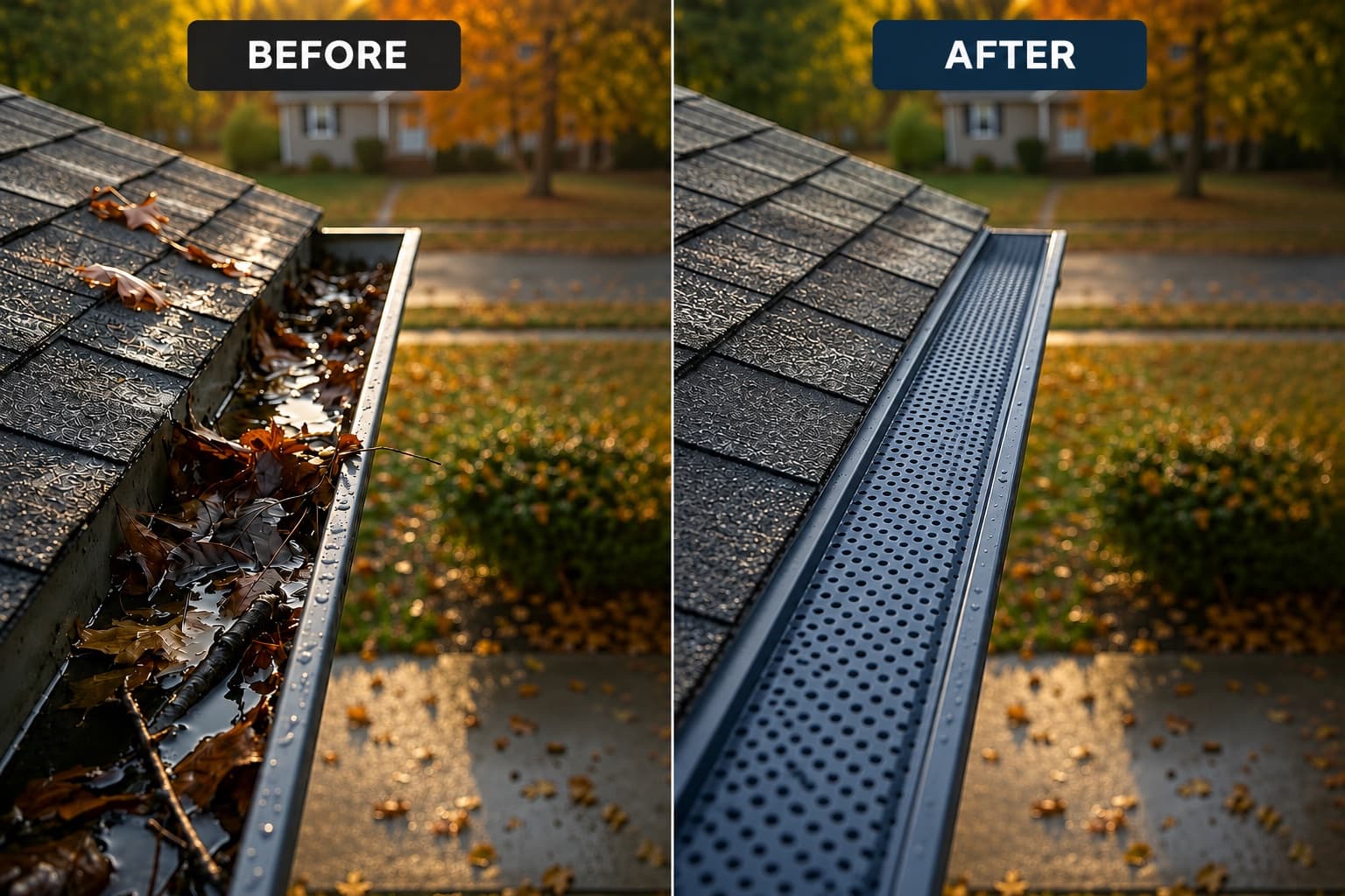A gutter choked with wet leaves beside the same style of gutter fitted with a guard, staying clear.